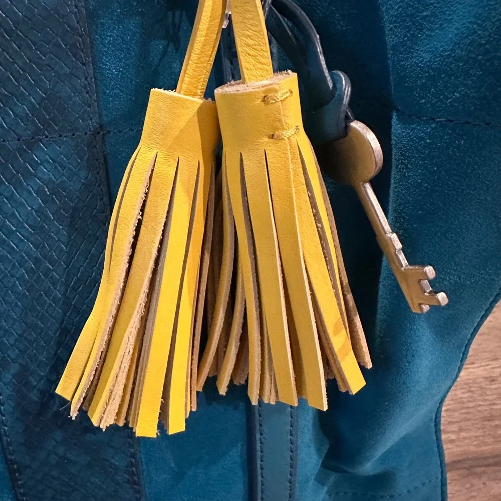 Fossil Hope Satchel Teal Blue Suede Snake Embossed Leather Tassel Handbag Bag